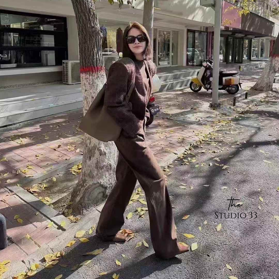 高腰一字口袋設計拖地褲