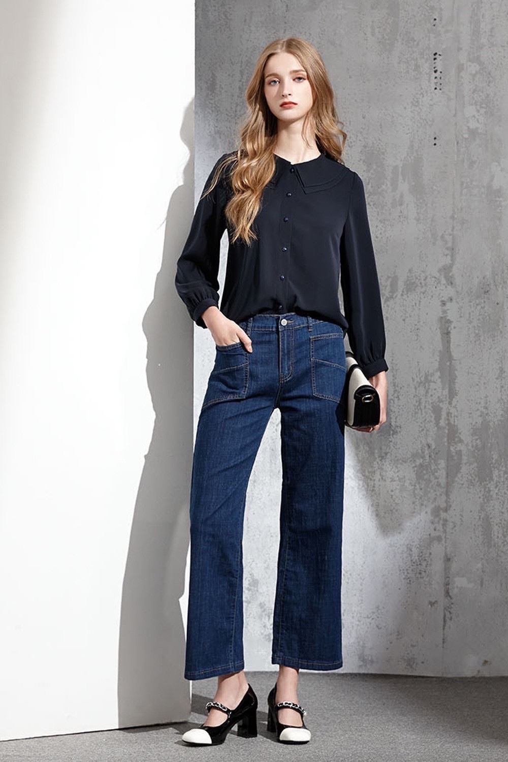 韓版雙貼囗袋造型闊腿修身剪裁牛仔寬版長褲V6221