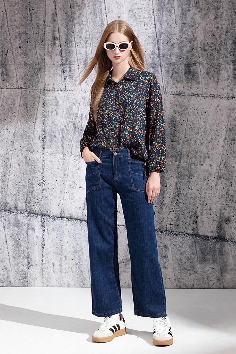 韓版雙貼囗袋造型闊腿修身剪裁牛仔寬版長褲V6221