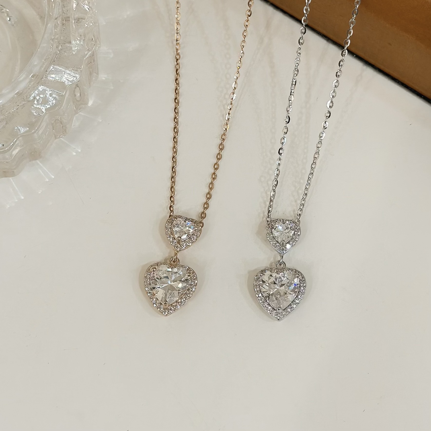 Y04【輕奢】滿鑽雙愛心純銀鎖骨鏈