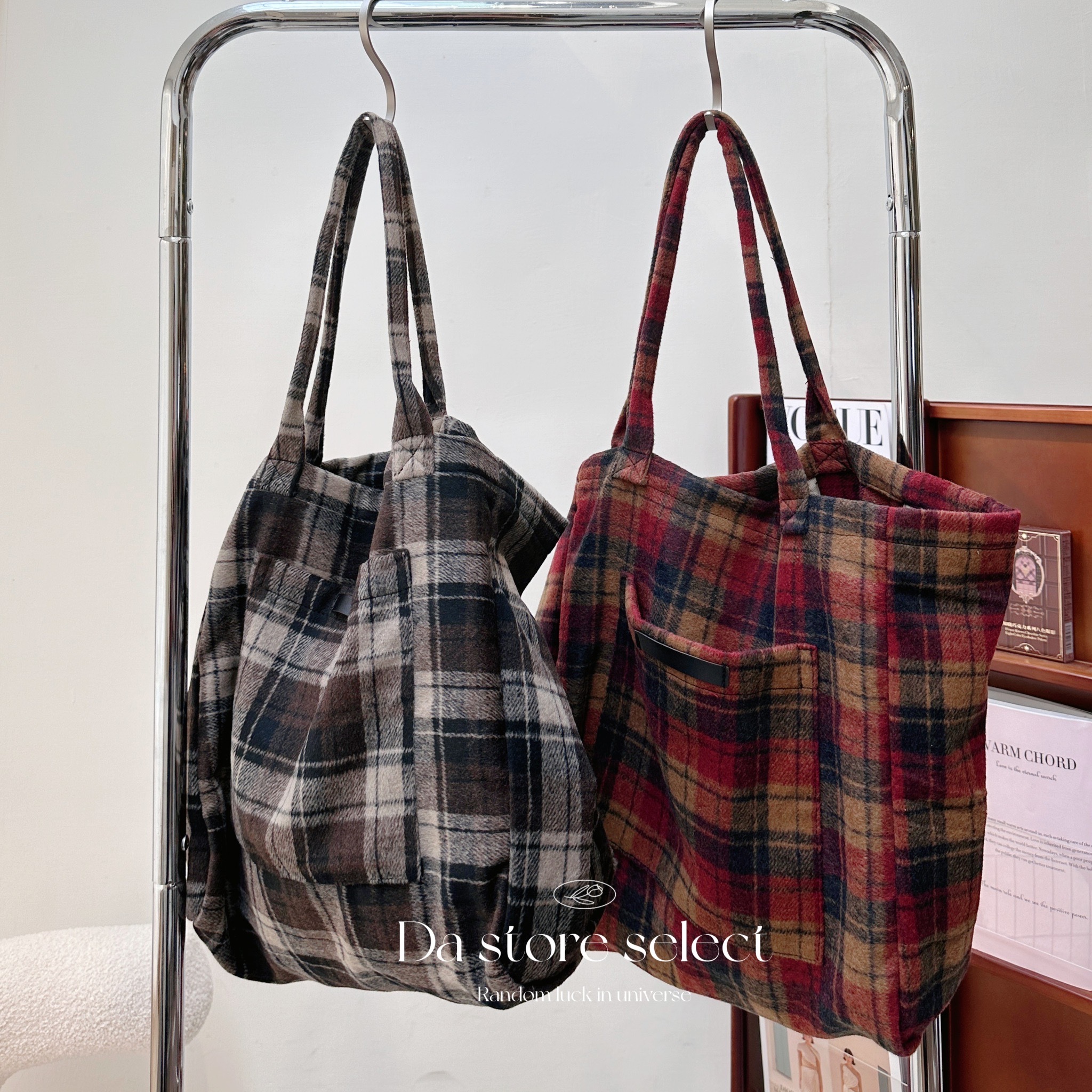 復古毛呢格紋托特包 二色 學院風