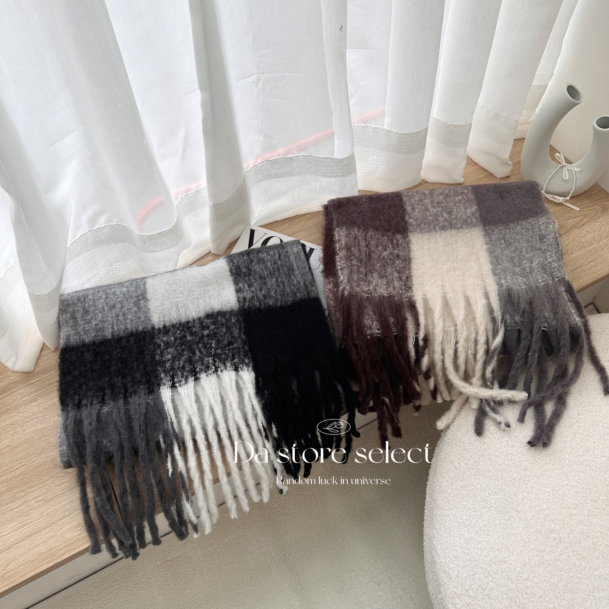 拼接大格保暖圍巾/二色