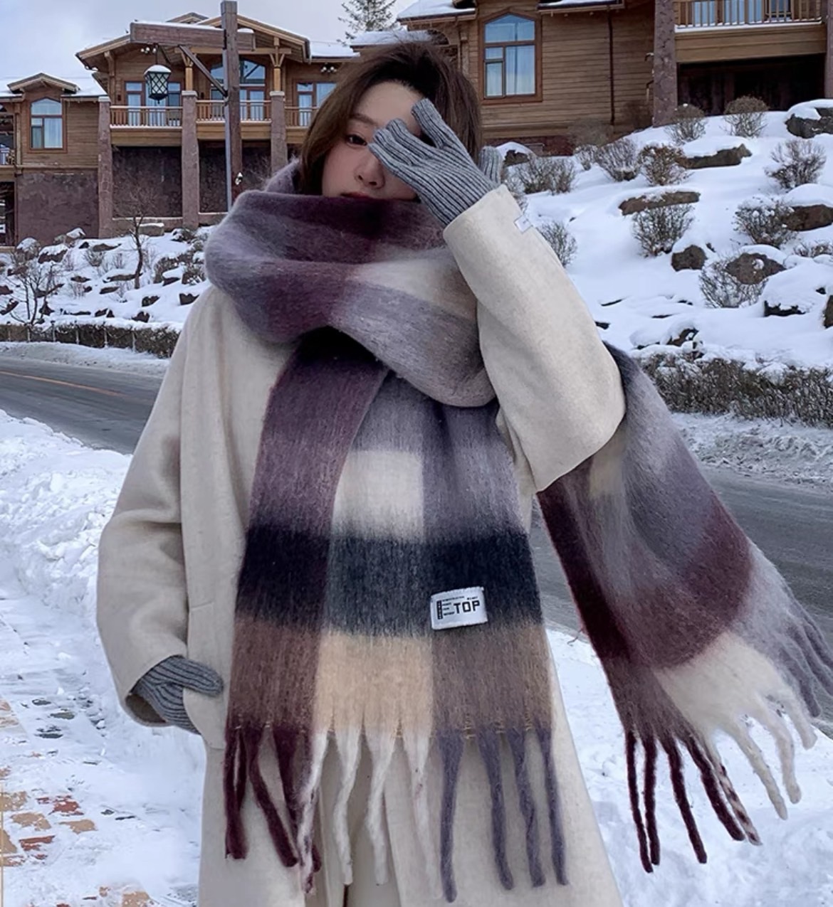 拼接大格保暖圍巾/二色