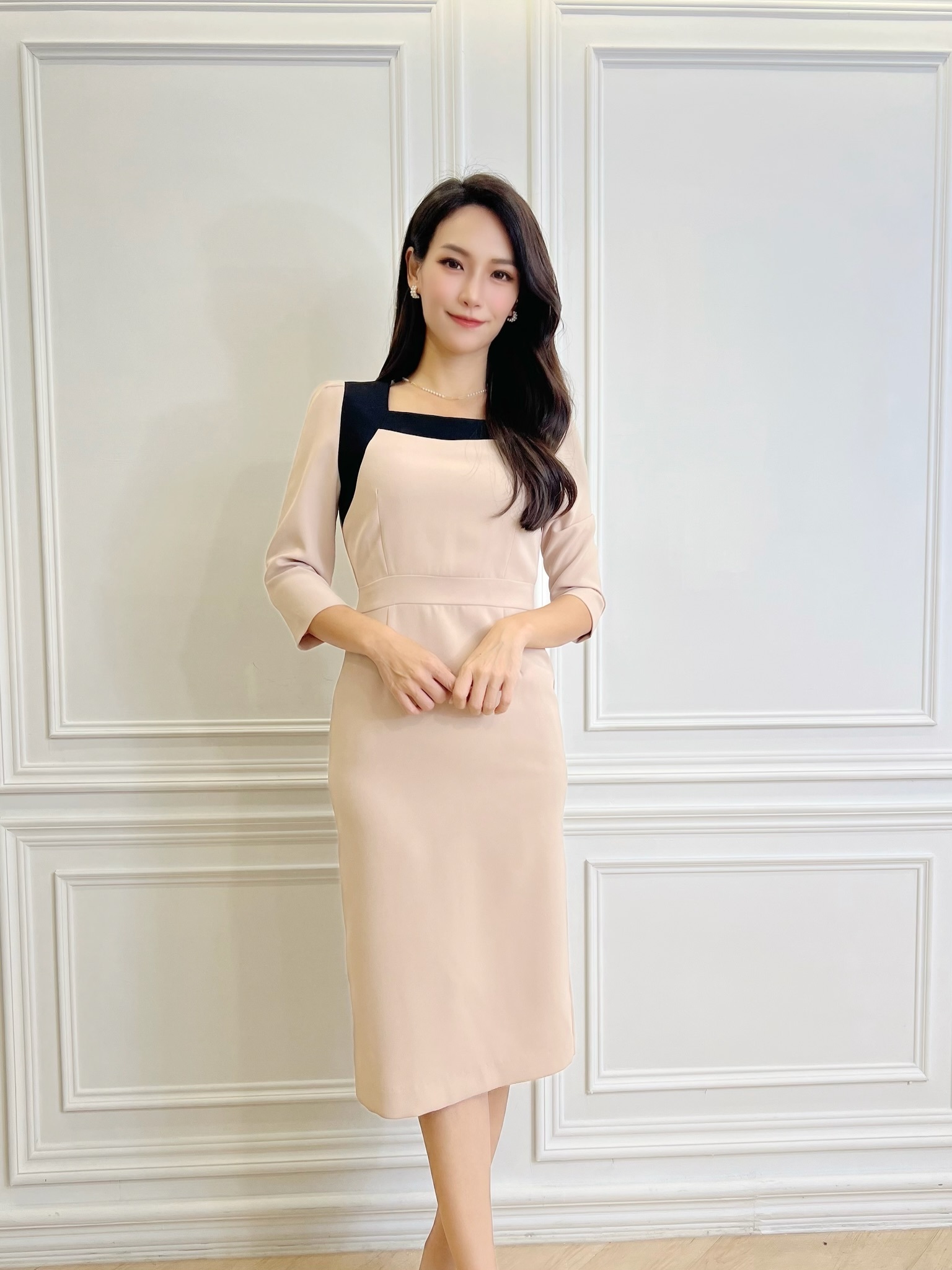 方領拼接撞色合身洋