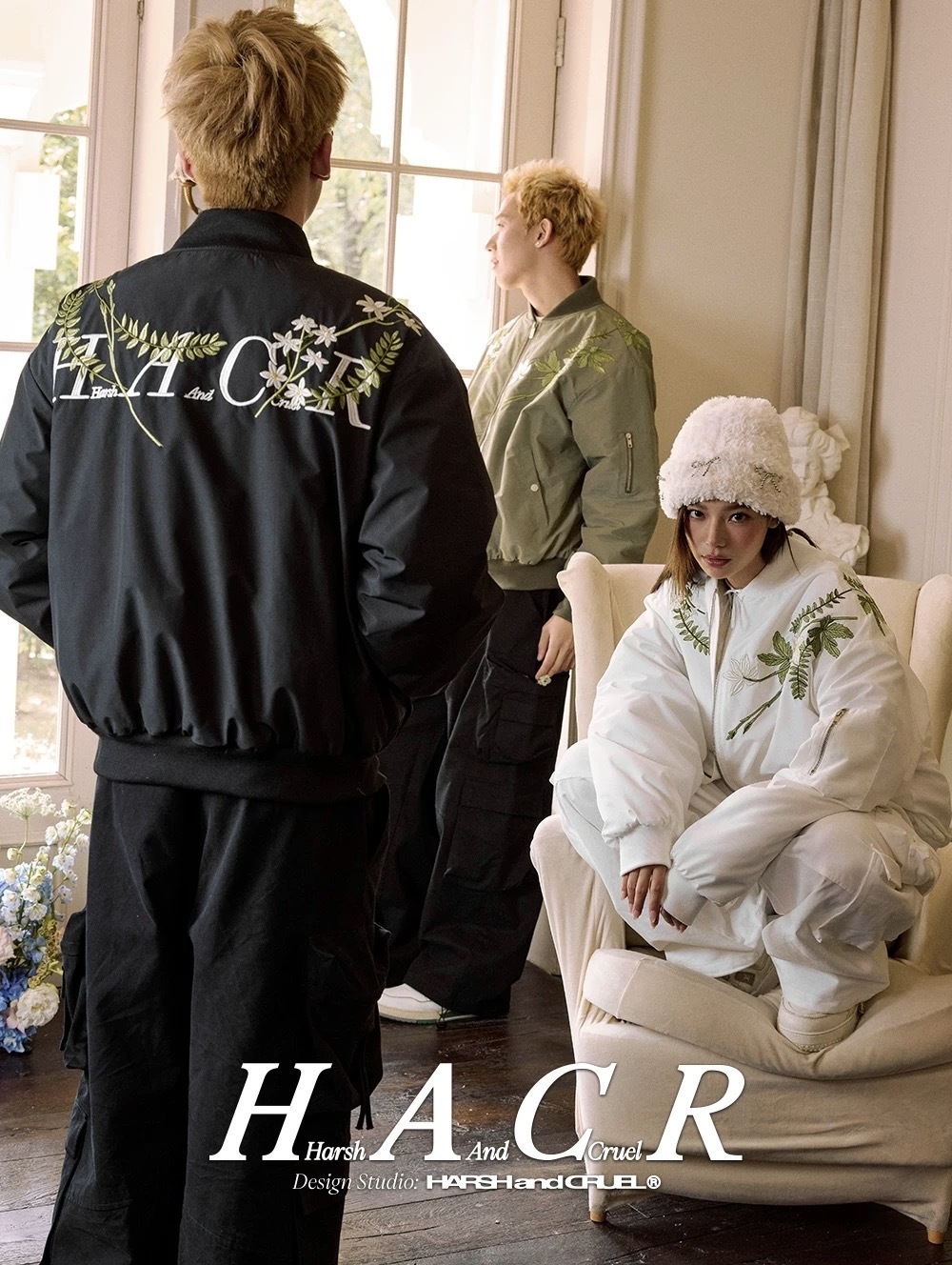 harsh and cruel 美式復古花卉刺繡文字排版bmober夾棉飛行夾克