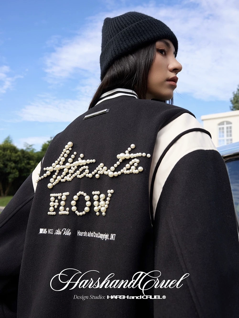 harsh and cruel美式復古珍珠繡刺繡排版拼皮HACR棒球服夾克