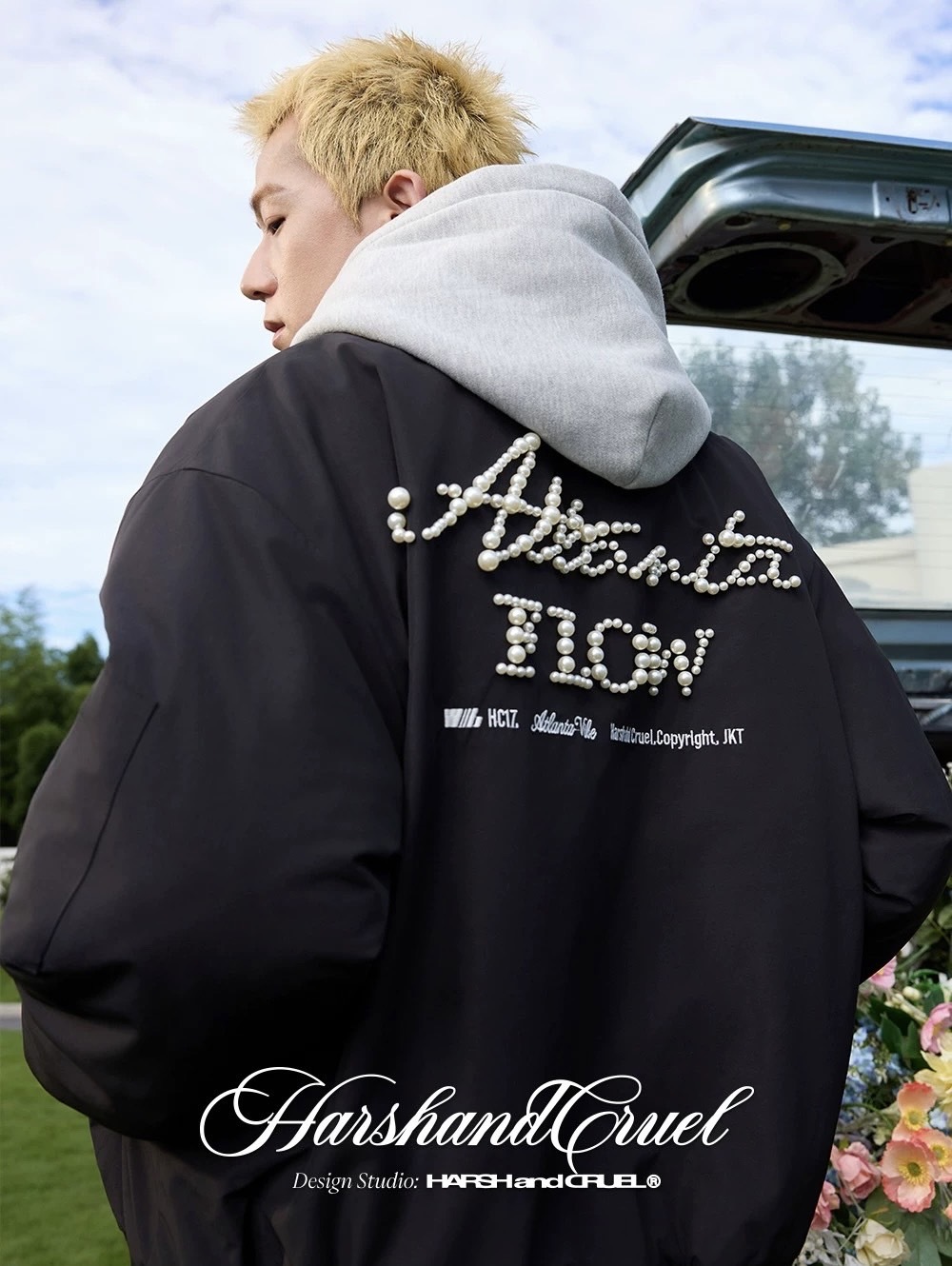 harsh and cruel cleanfit字體排版珍珠繡長袖MA-1飛行員夾克外套