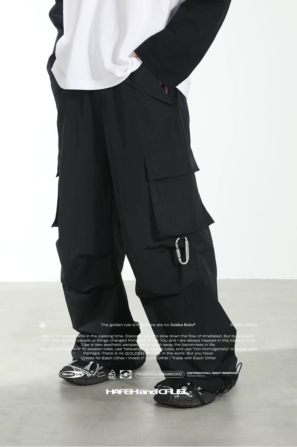 harsh and cruel 美式街頭尼龍布料登山扣口袋直筒工裝褲