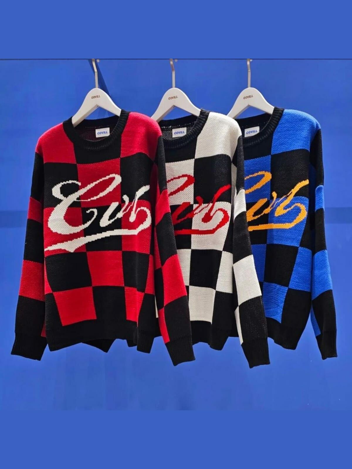 圓領格仔英文字針織衫 COVILL-138T
