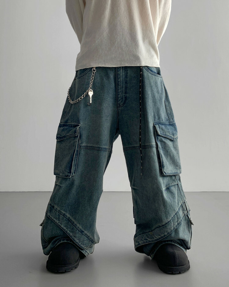 大口袋褲腳設計工裝寬牛仔褲