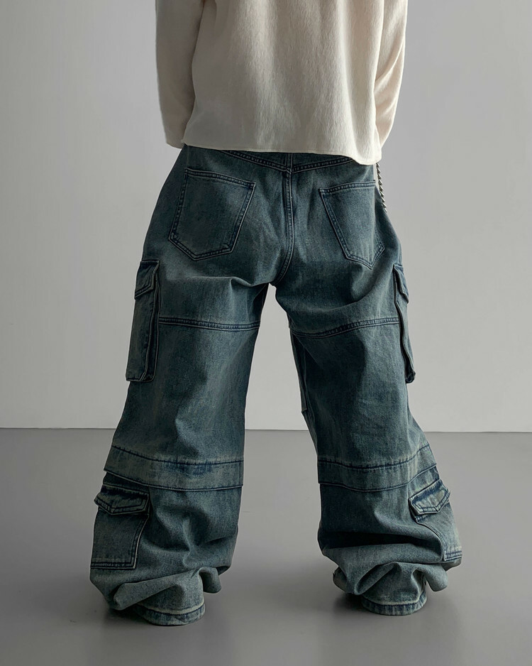大口袋褲腳設計工裝寬牛仔褲