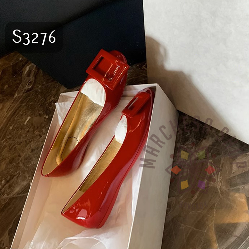 S3276 - 牛漆皮純色方扣方頭平底/高踭鞋 (兩種跟高)