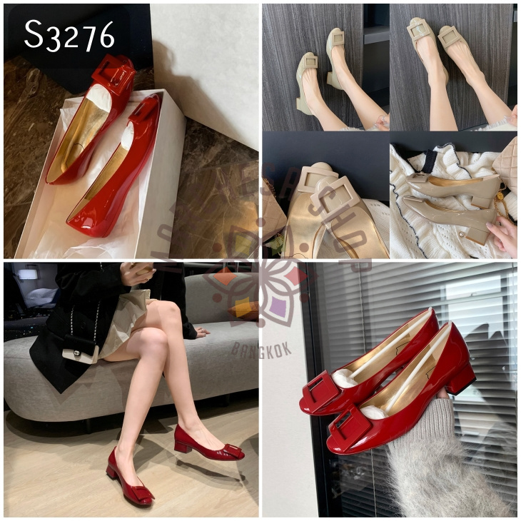 S3276 - 牛漆皮純色方扣方頭平底/高踭鞋 (兩種跟高)