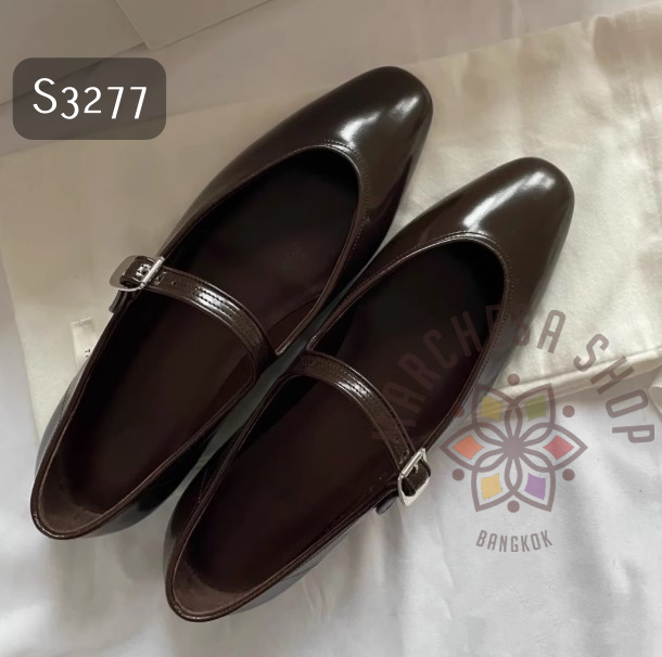 S3277 - 羊漆皮純色一字扣帶圓頭平底鞋