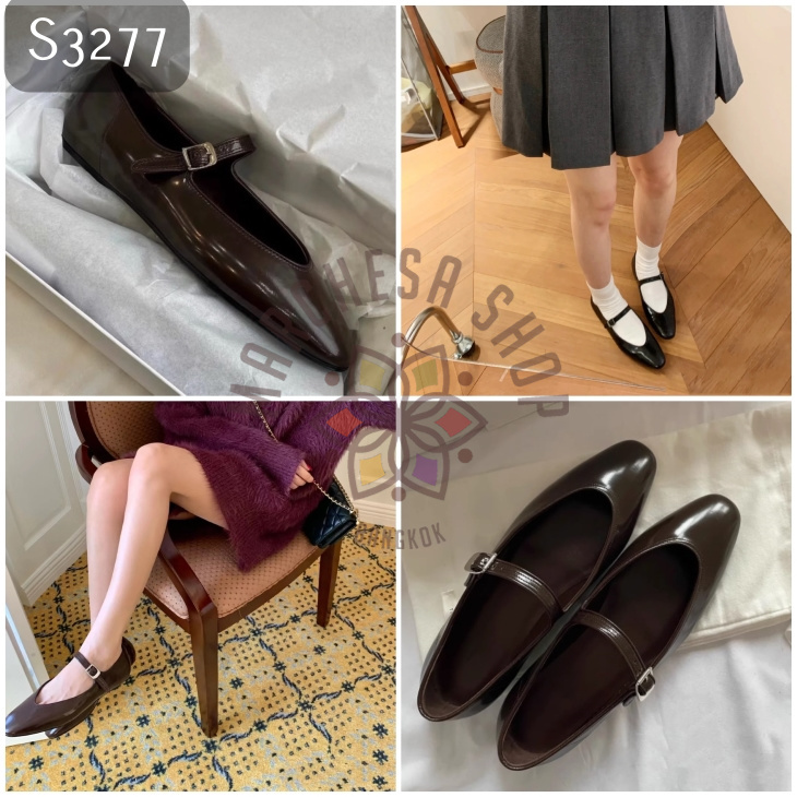 S3277 - 羊漆皮純色一字扣帶圓頭平底鞋