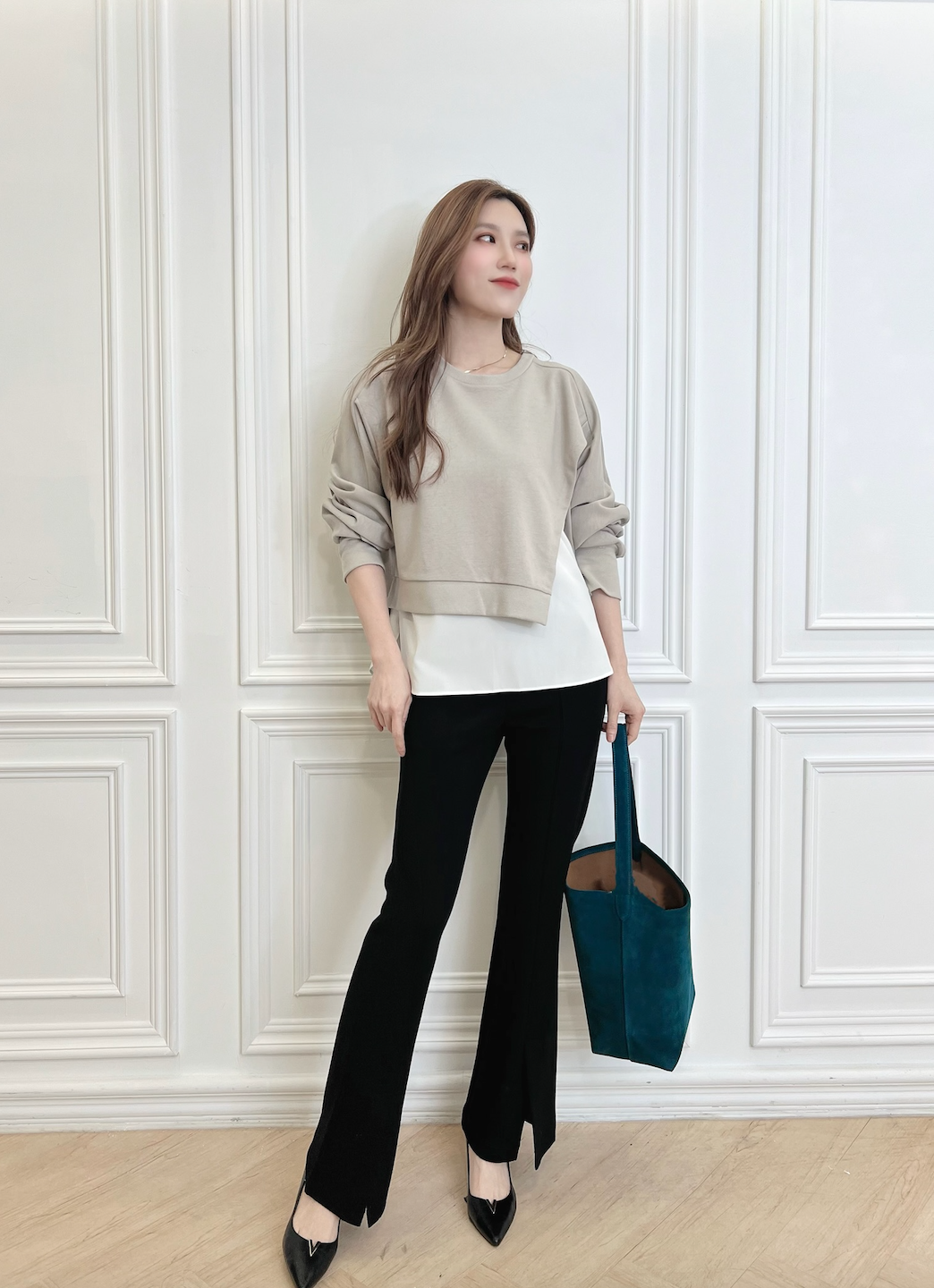 棉料側開衩拼接雪紡上衣