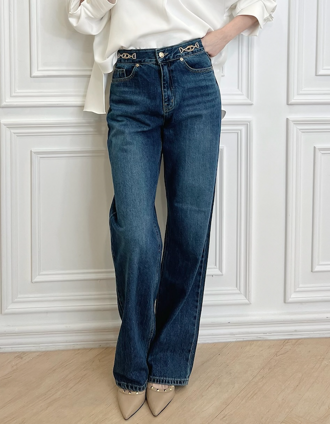 (經典必備) 腰間雙金鏈條牛仔褲