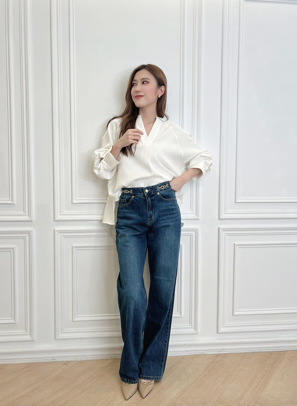 (經典必備) 腰間雙金鏈條牛仔褲