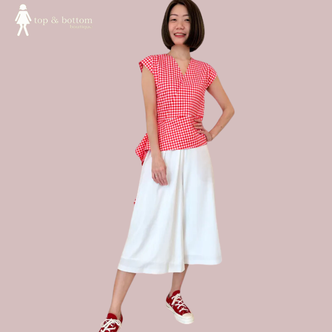 V NECK ASYMMETRIC CHECKED BLOUSE