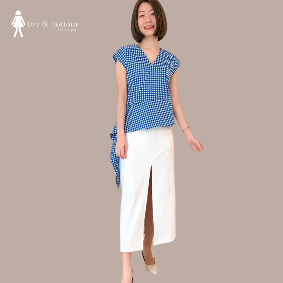 V NECK ASYMMETRIC CHECKED BLOUSE
