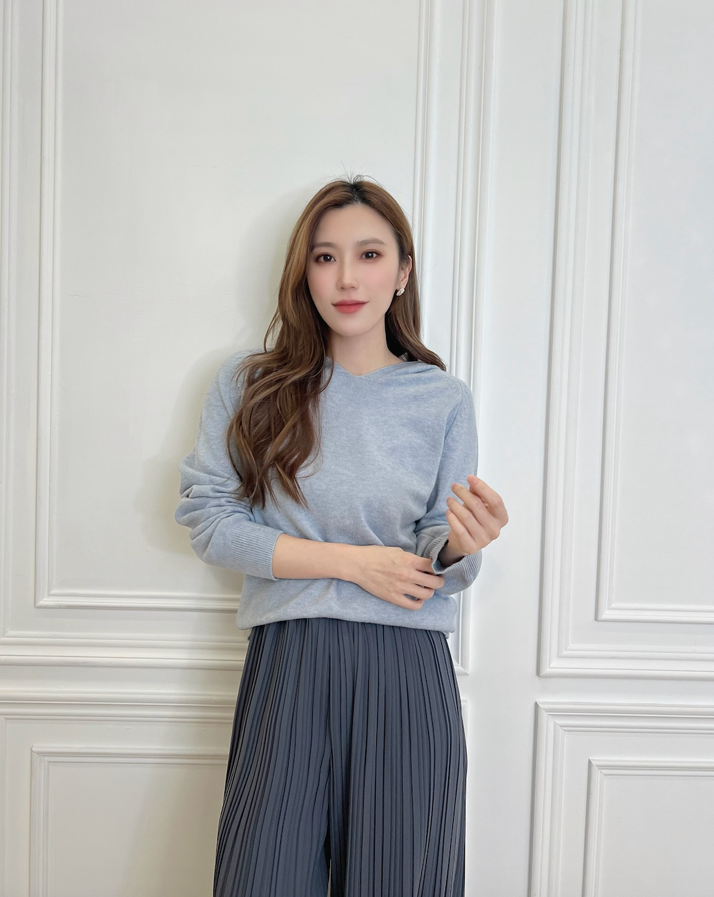 鬆緊腰百褶壓紋直筒褲