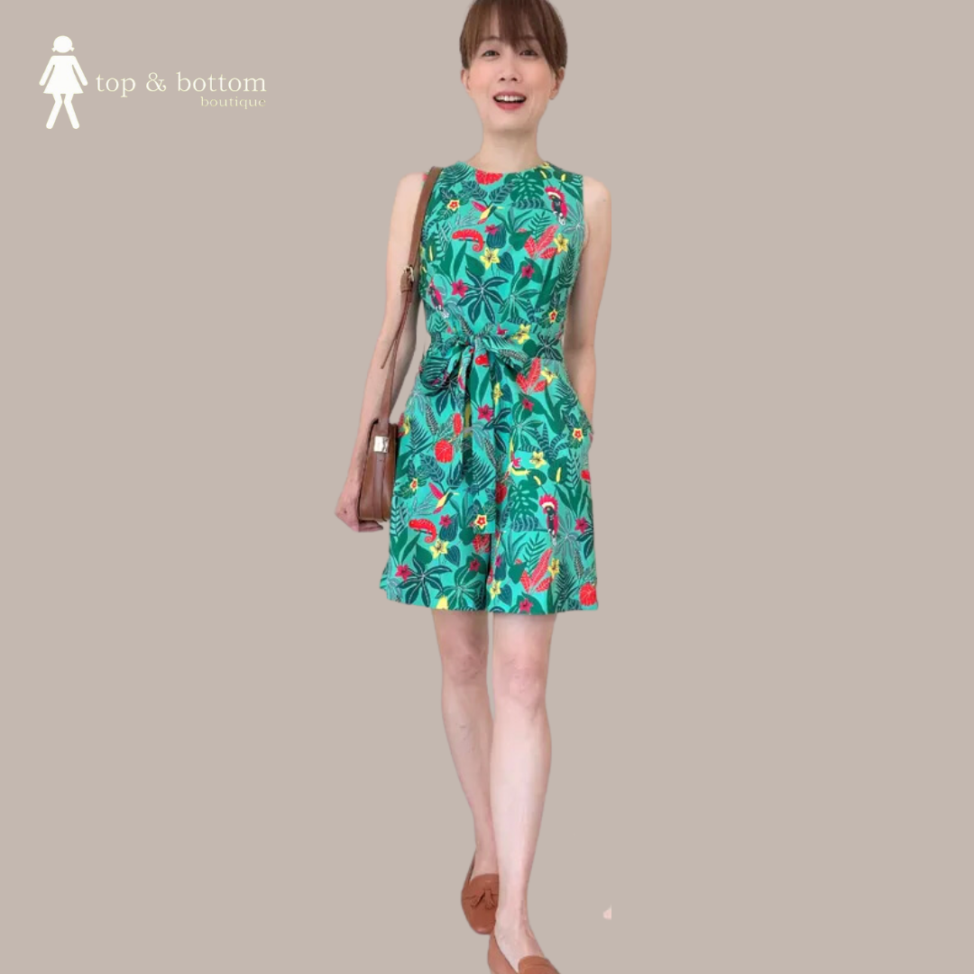 SOLID GREEN BASED FLORAL SHORT JUMPSUIT