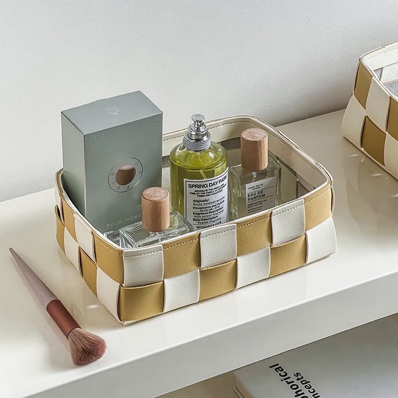 《5241》簡約皮革編織棋盤格收納籃