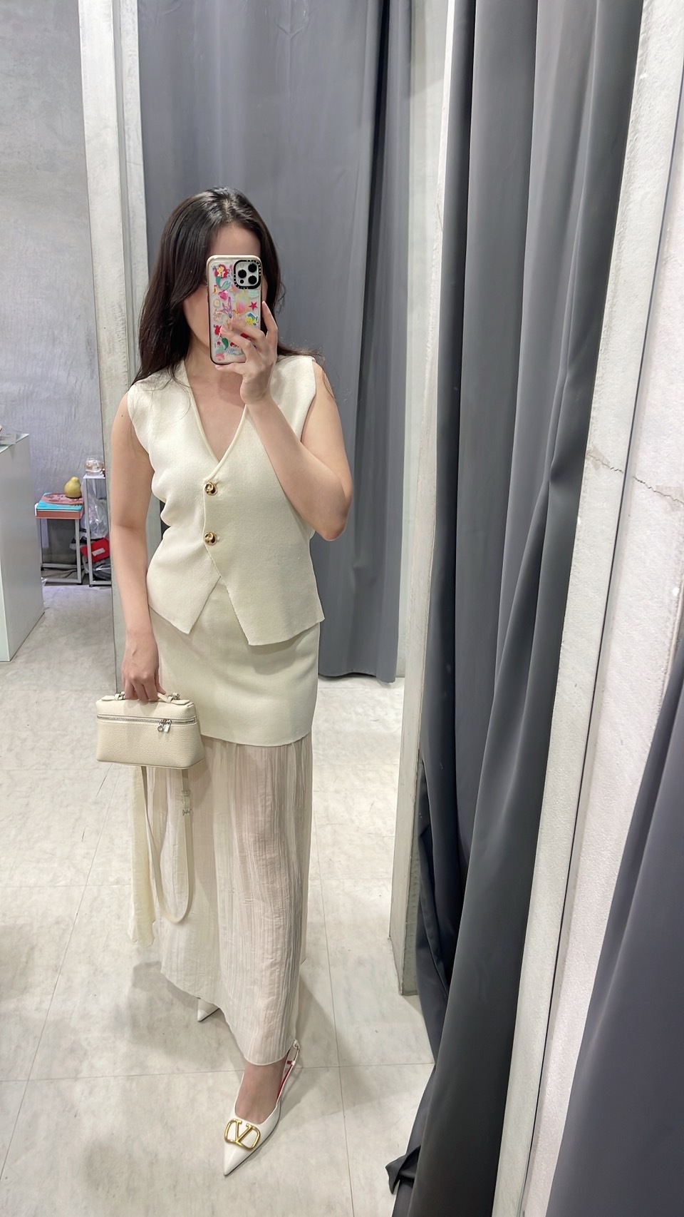 針織金釦背心+雪紡拼接長裙(白/咖)(可單買)