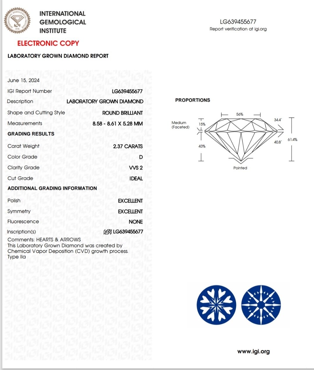 IGI LAB GROWN DIAMOND 2.37 D VVS2 IDEAL 2EX NON