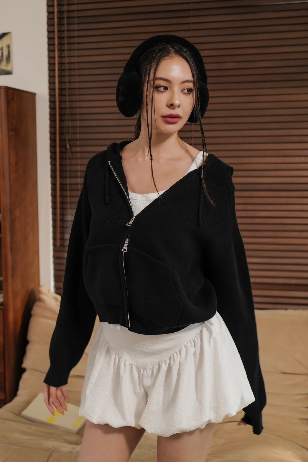 雙拉鍊連帽針織外套_AMISSA（黑）