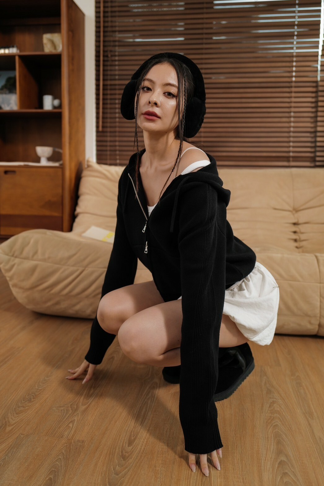 雙拉鍊連帽針織外套_AMISSA（黑）