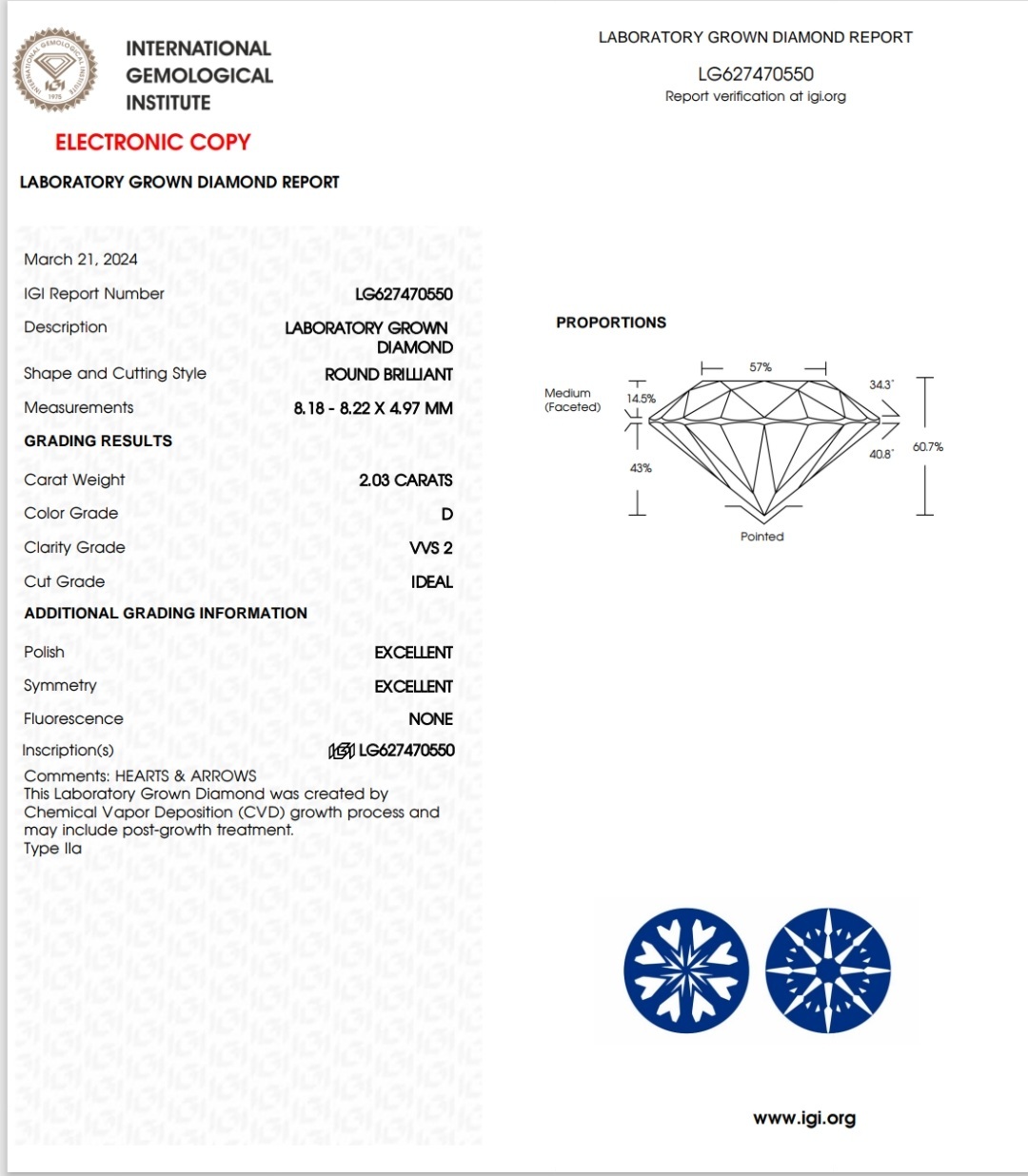 IGI LAB GROWN DIAMOND 2.03 D VVS2 IDEAL 2EX NON