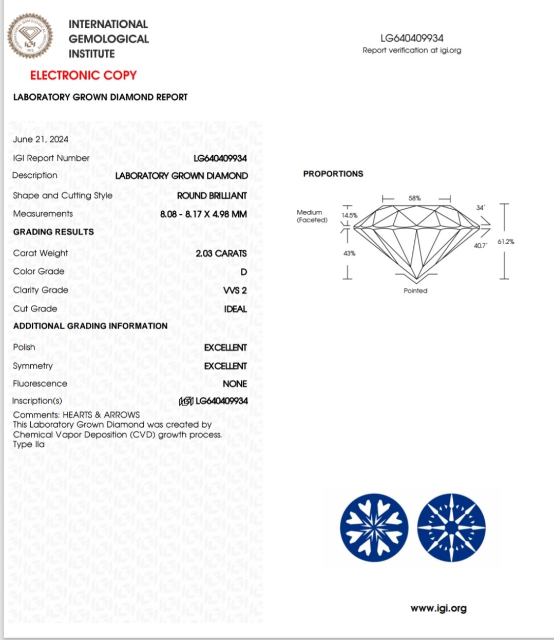 IGI LAB GROWN DIAMOND 2.03 D VVS2 IDEAL 2EX NON