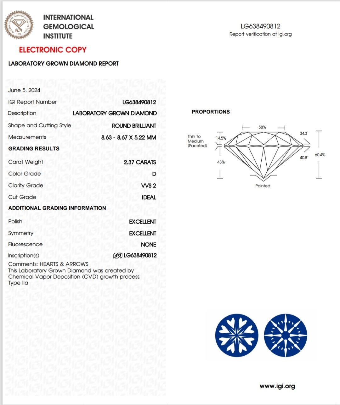 IGI LAB GROWN DIAMOND 2.37 D VVS2 IDEAL 2EX NON