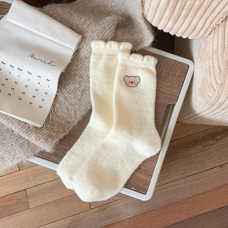 《5254》秋冬簡約加厚可愛刺繡木耳邊中筒襪