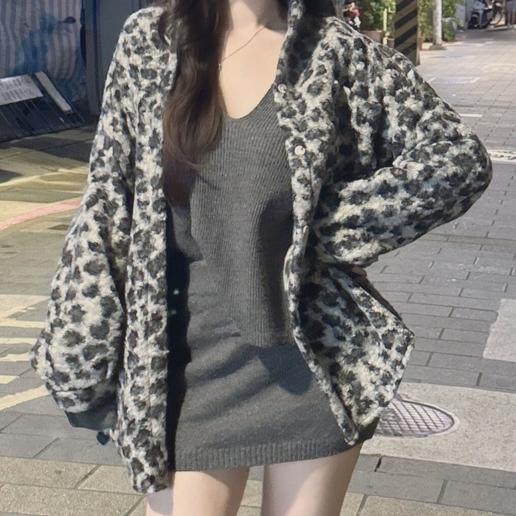 美式復古豹紋毛絨外套