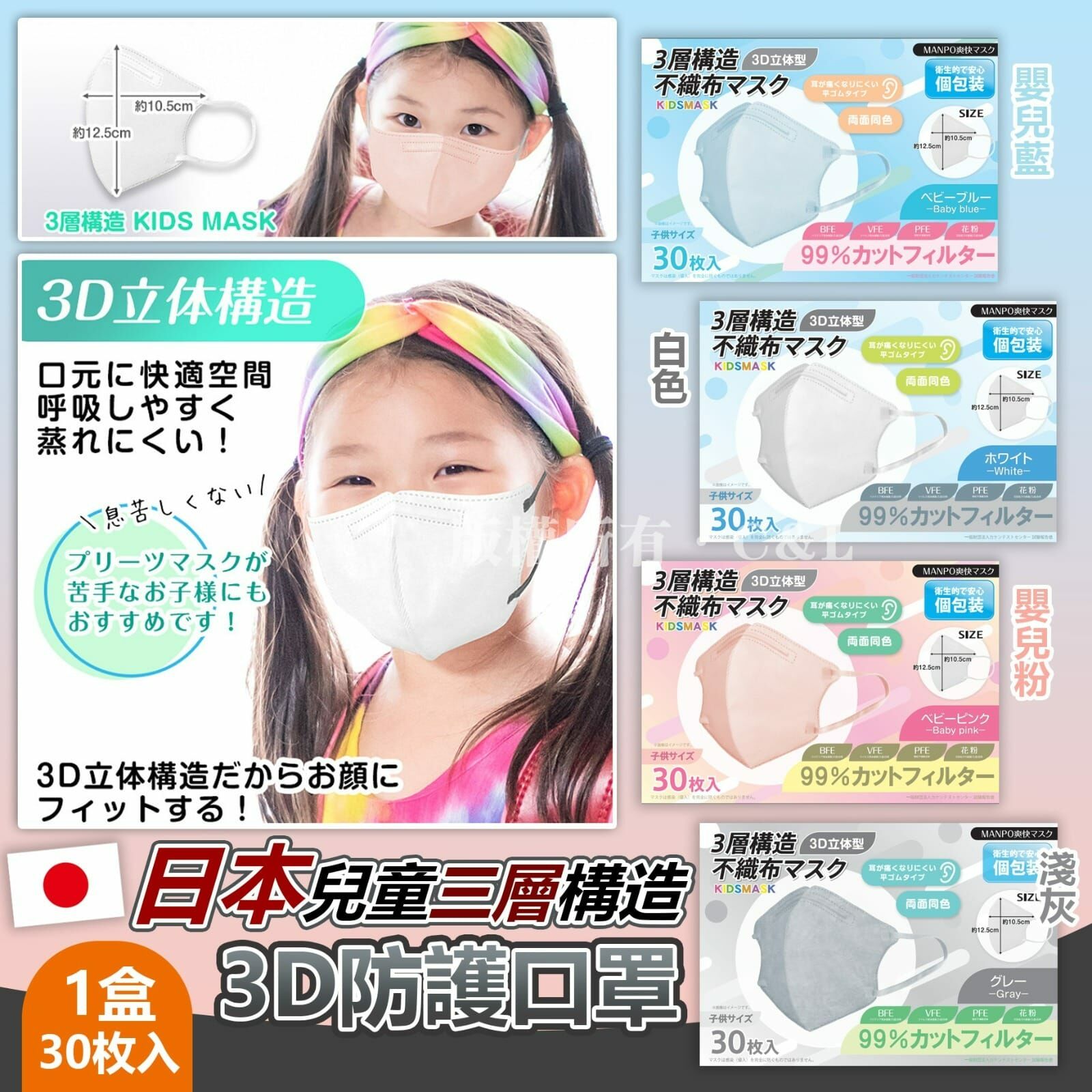 日本兒童三層構造3D防護口罩
