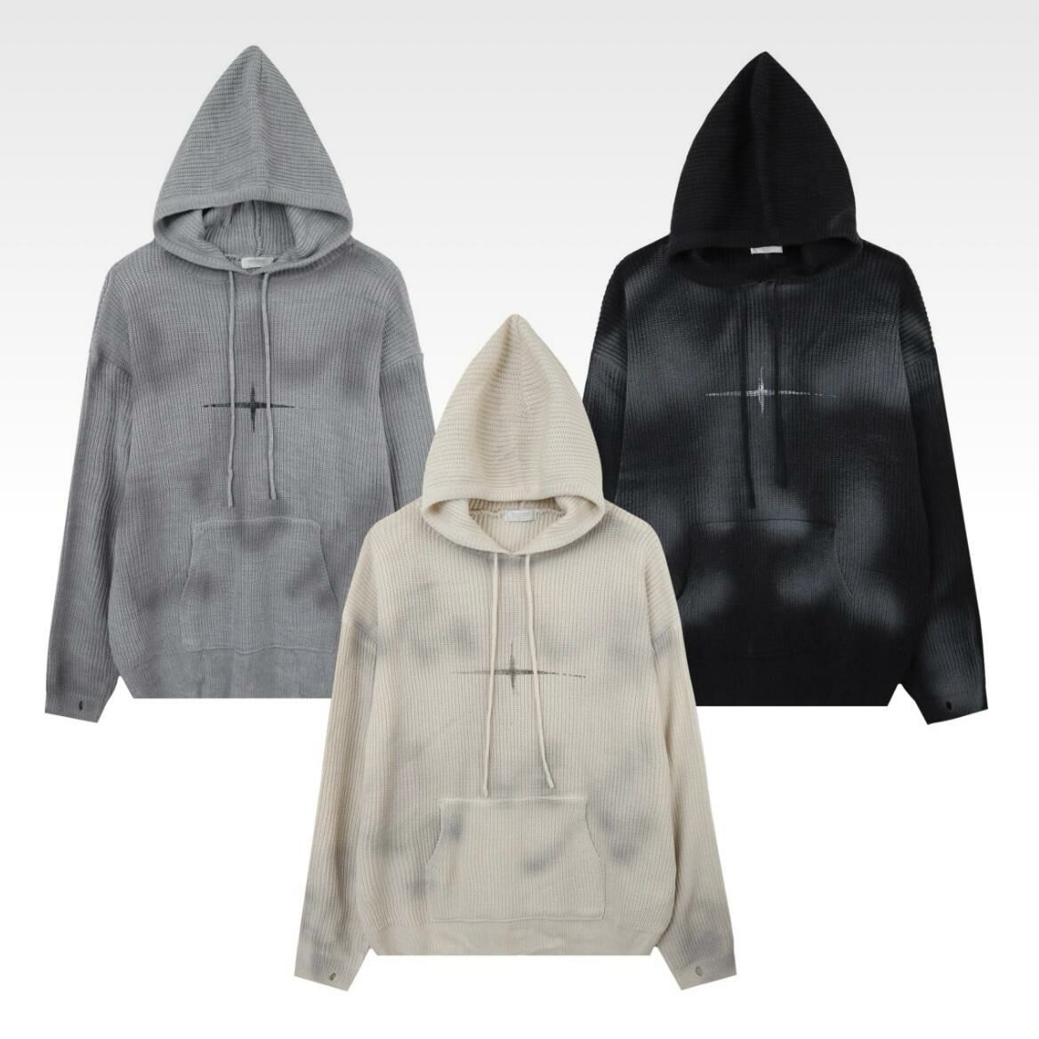 仿污英文字圖案連帽針織衫 T5599