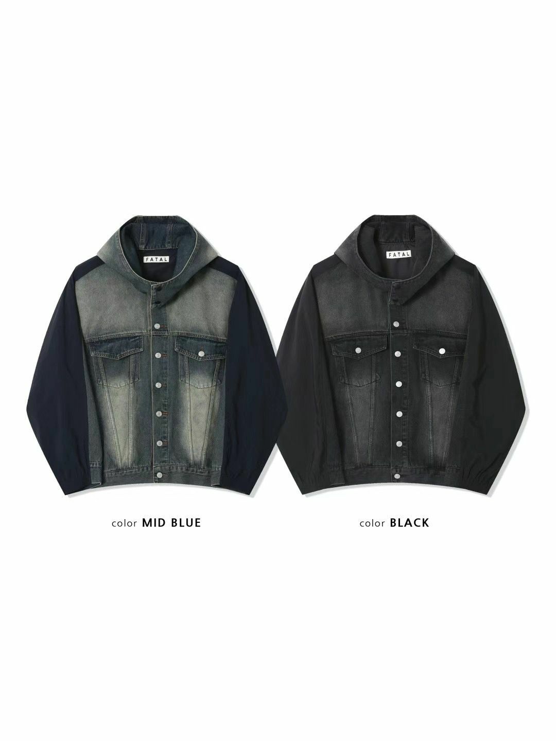 洗水連帽拉鍊拼布牛仔褸 FATAL-026JK