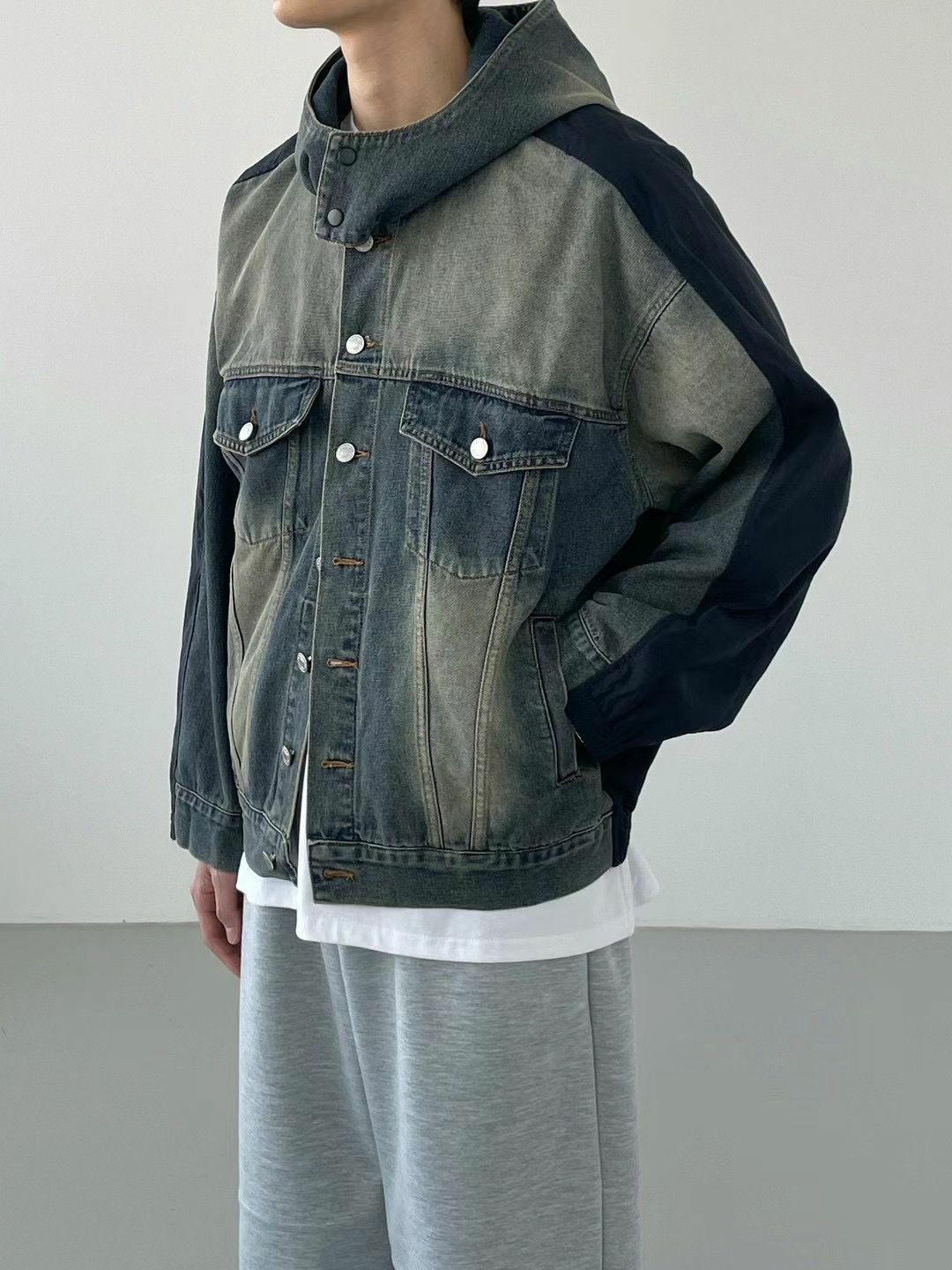 洗水連帽拉鍊拼布牛仔褸 FATAL-026JK