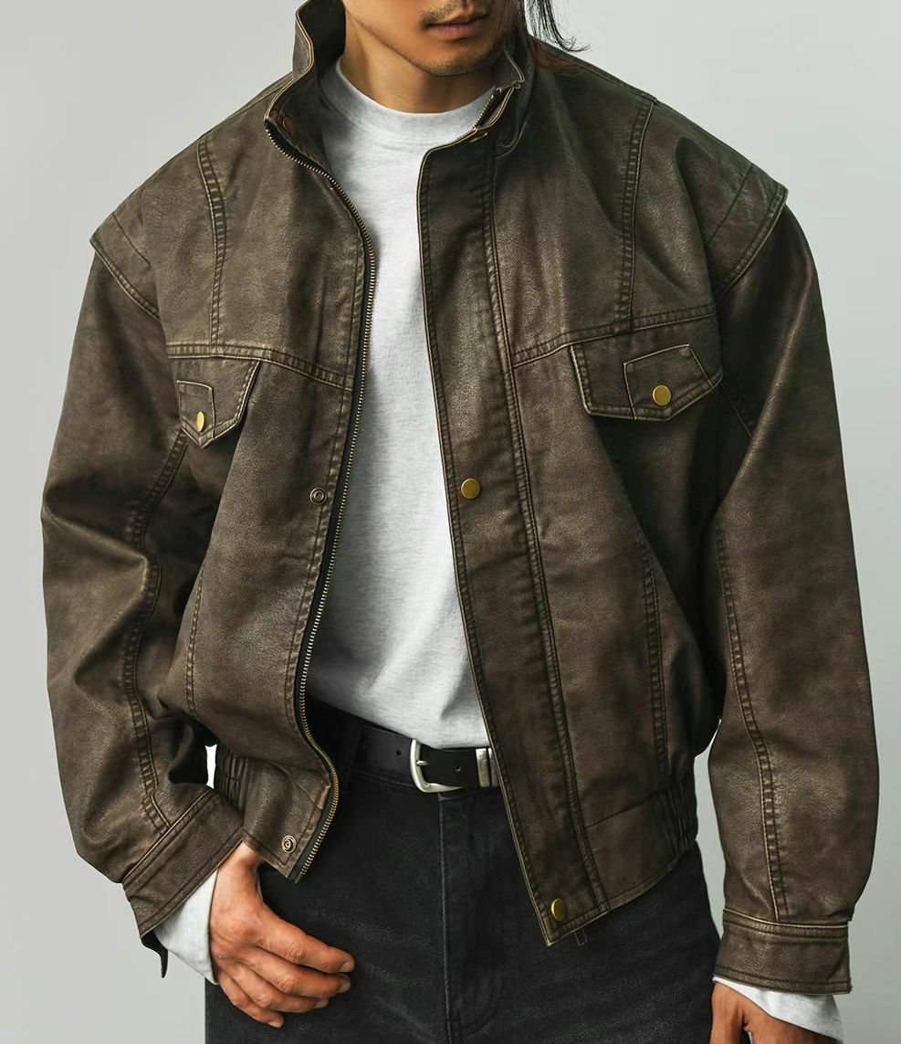 洗水企領拉鍊合成皮褸 FATAL-028JK