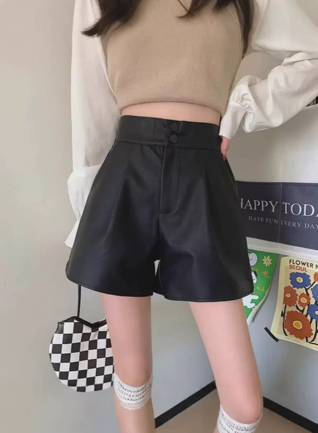 (GOAL)  秋冬穿搭必備 高腰皮短褲