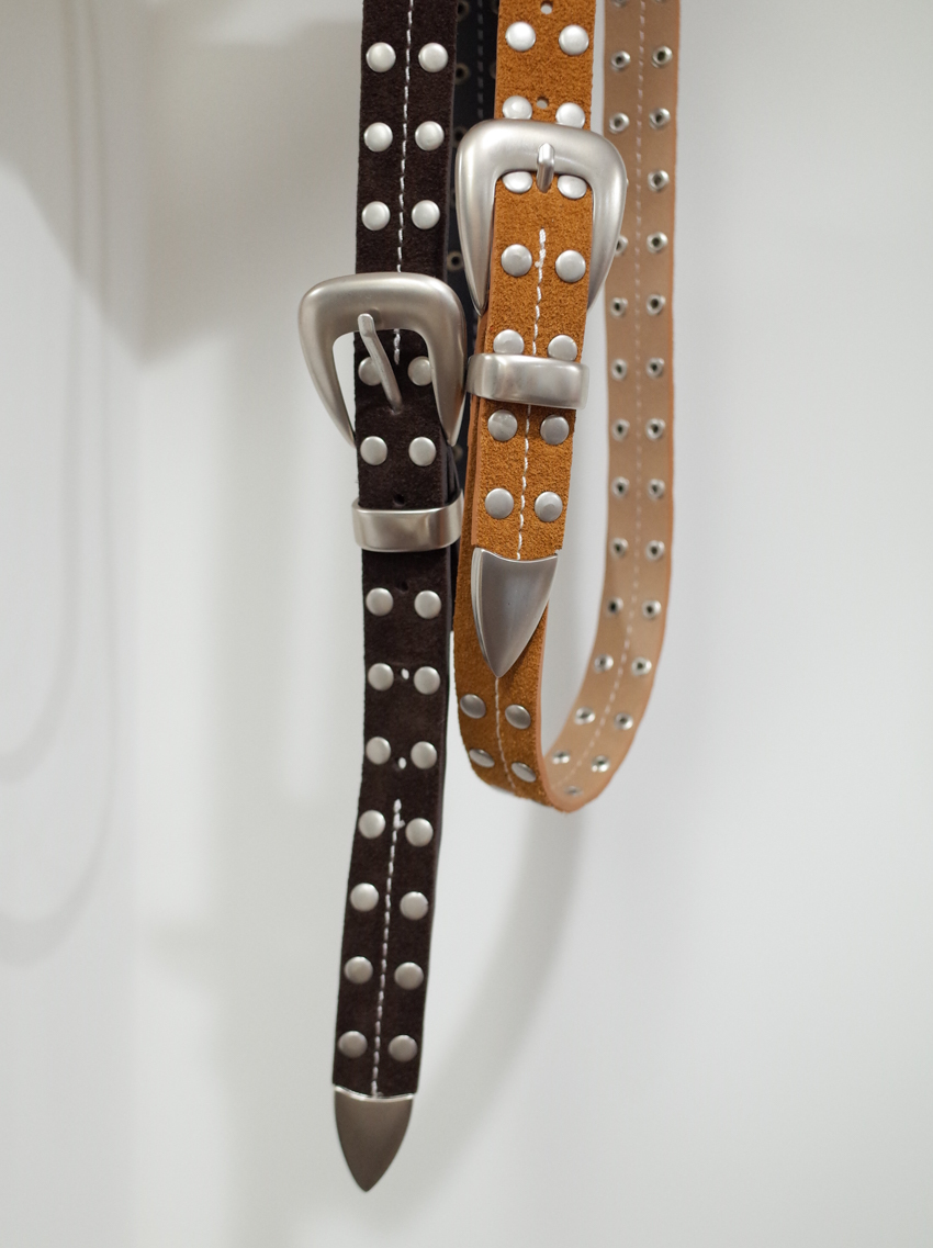 matte silver stud stitched suede belt