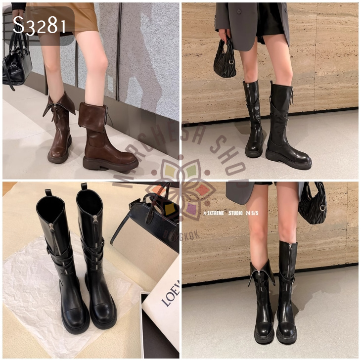 S3281 - 全真皮羊皮拉鏈兩穿反摺中長筒靴