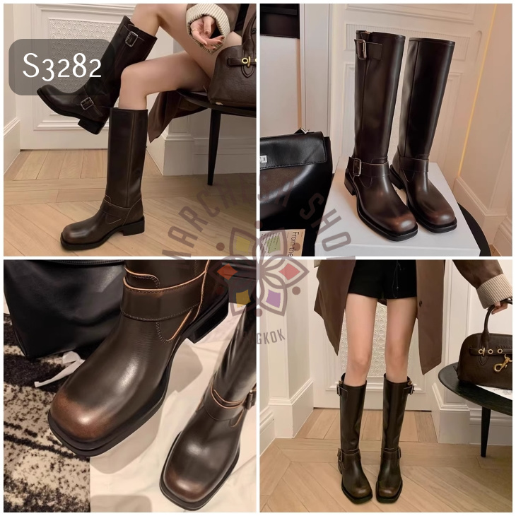 S3282 - 全真皮羊皮水磨扣帶方頭濶筒長靴