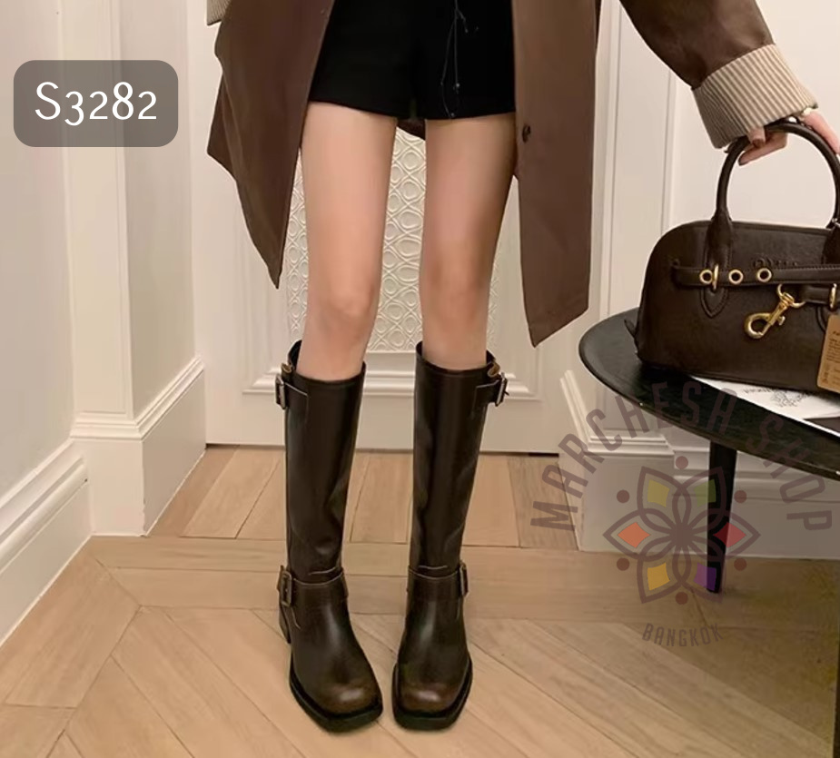 S3282 - 全真皮羊皮水磨扣帶方頭濶筒長靴