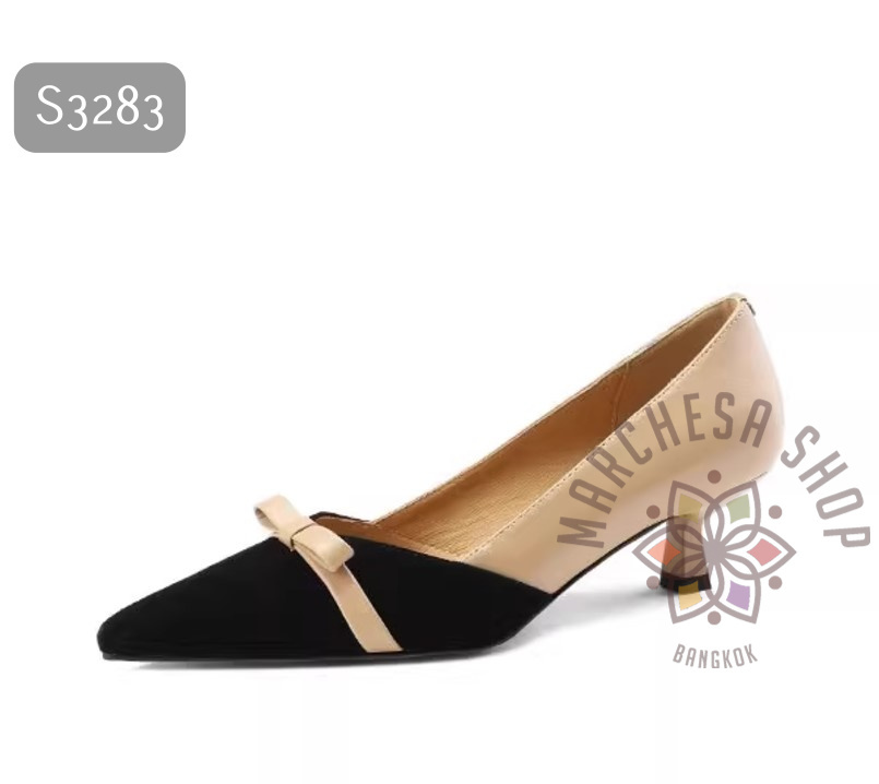 S3283 - 全真皮羊猄拼皮拼色蝴蝶結尖頭低踭鞋