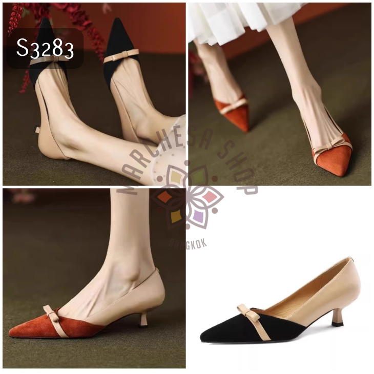 S3283 - 全真皮羊猄拼皮拼色蝴蝶結尖頭低踭鞋