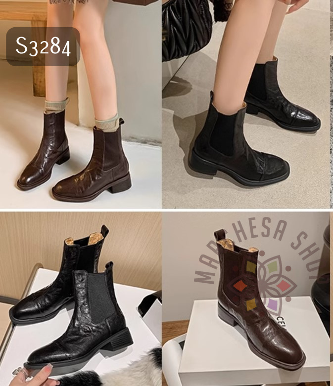 S3284 - 全真皮羊軟皮水磨皺皮低踭短靴