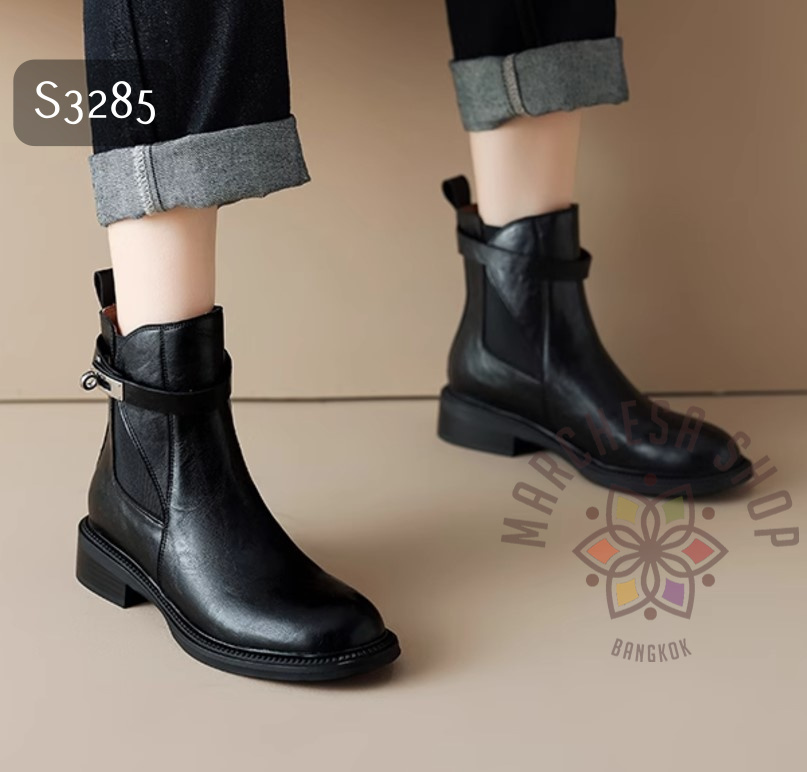 S3285 - 全真皮羊皮彈力側扣一字帶平底短靴